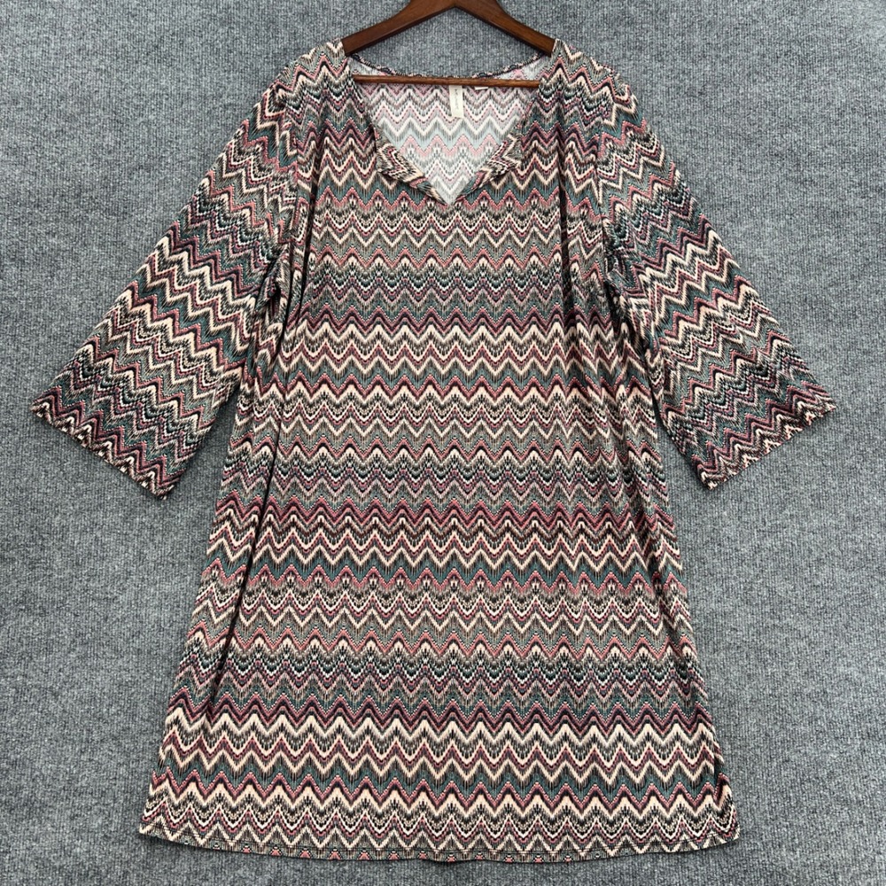 Tacera Shift Dress 2X Pink Teal Boho Chevron Zig Zag Casual Vacation Resort - Picture 2 of 8